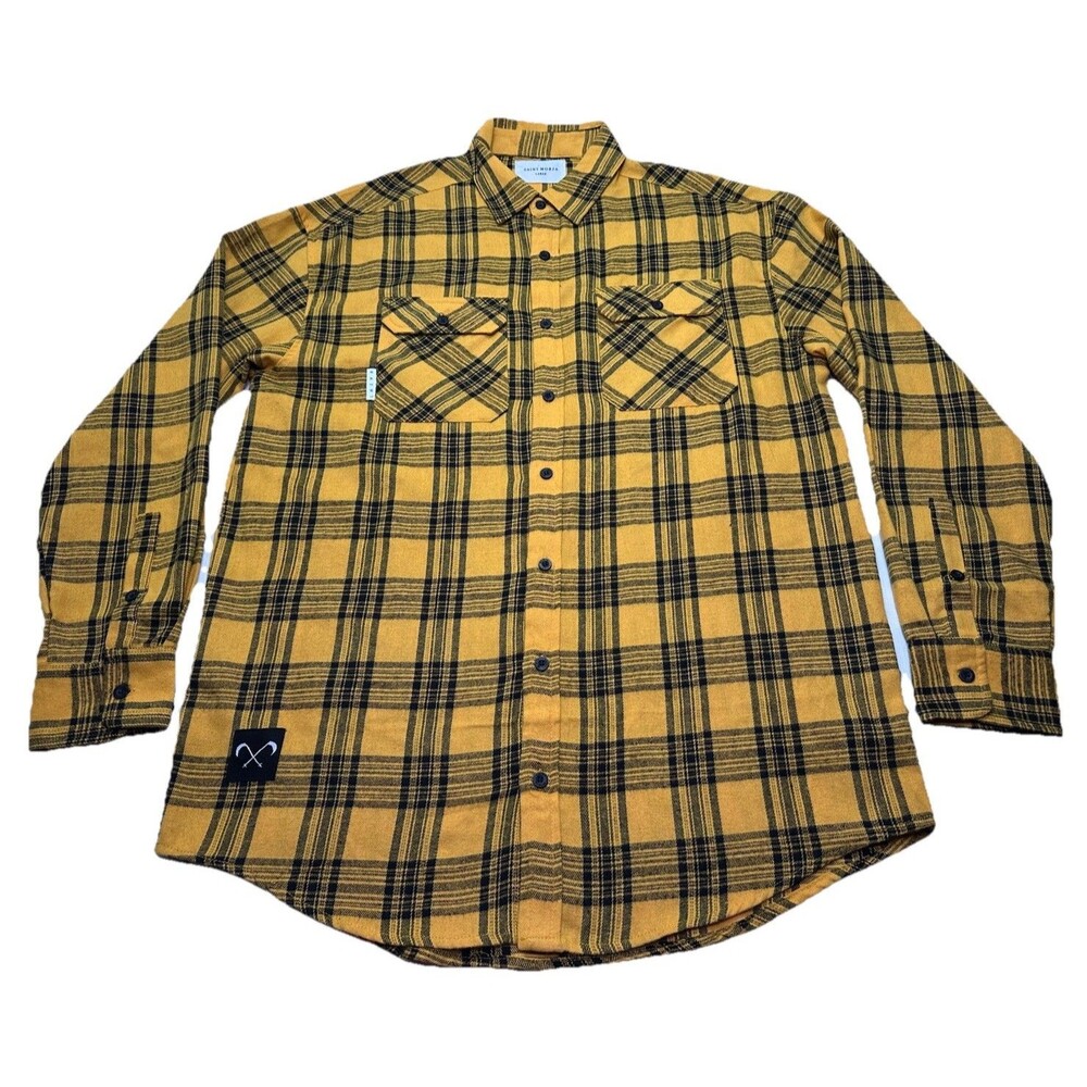 Saint Morta Long Sleeve Button Down Flannel Shirt Size Large Yellow Black Plaid